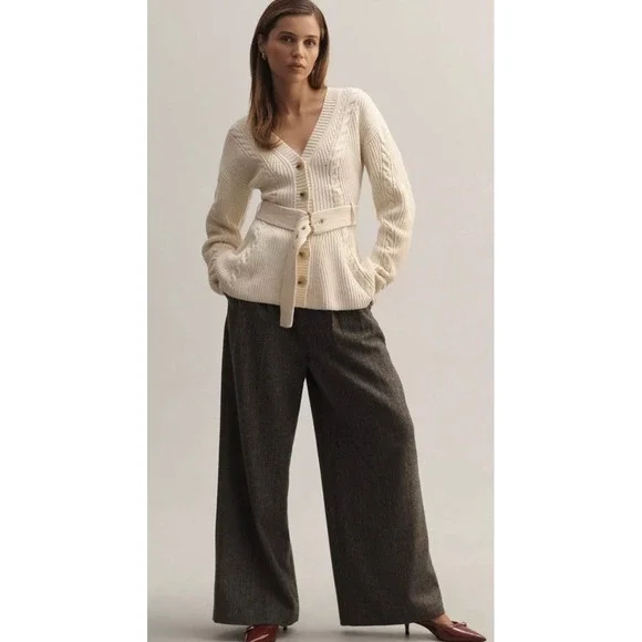 Anthropologie Maeve Cream Cableknit Peplum Belted Cardigan Cozy Career Classic M - Picture 11 of 12